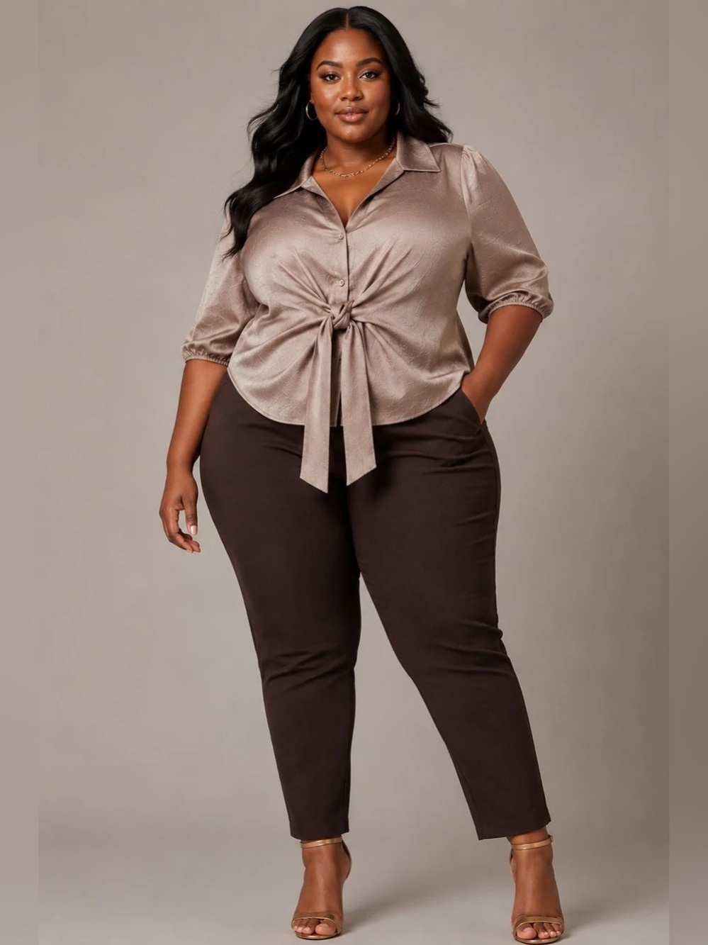 NWT Plus Size 5th Culture Taupe Satin Tie-Front Blouse - Women Tops Blouses